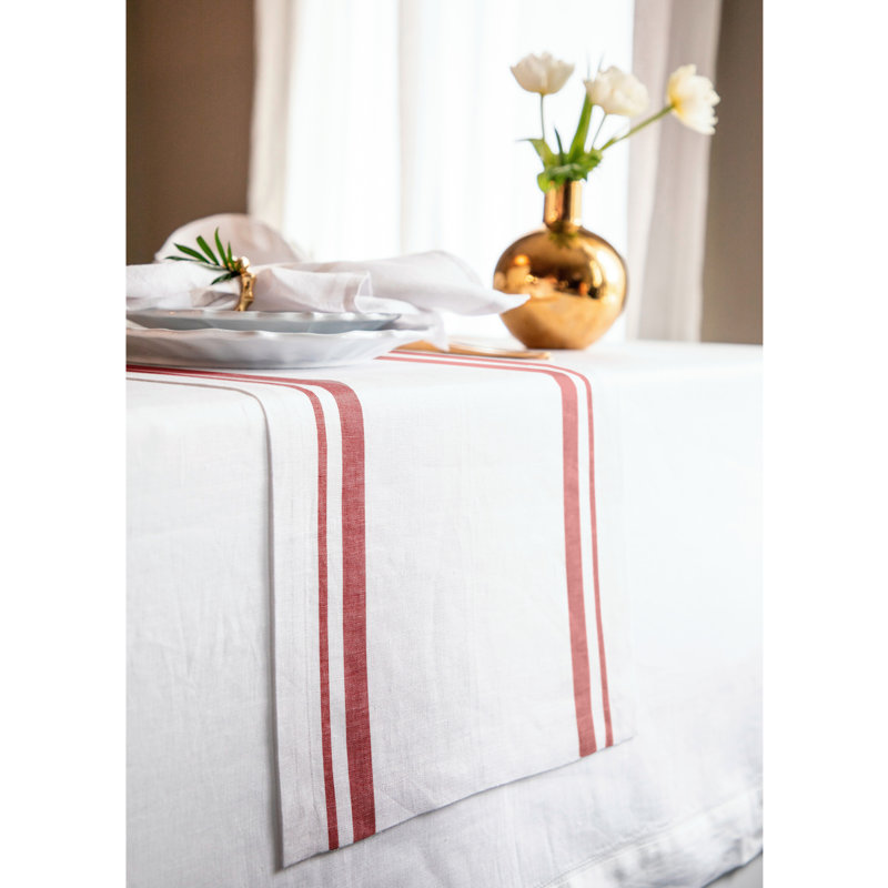 French Stripe - 100% Pure Linen Table Runner, 60" x 14", Red/White