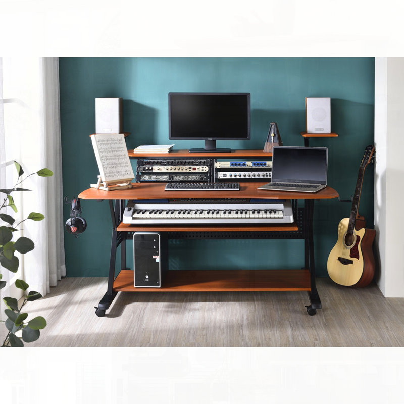Bureau de musique avec tablette de haut-parleur intégrée pour un rangement pratique, Cerisier/Noir