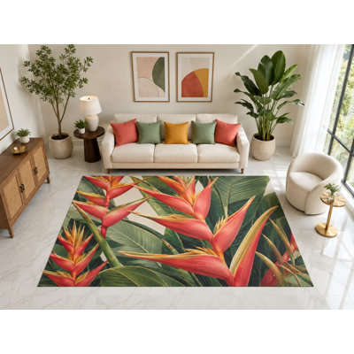 "Ultra Thin" 5' x 7' Baroque Peony Floral Area Rug, Soft Low Pile Indoor Rug with Non-Slip Silicone Backing for Living Room, Bedroom, Dining Room, Family Room Decor
