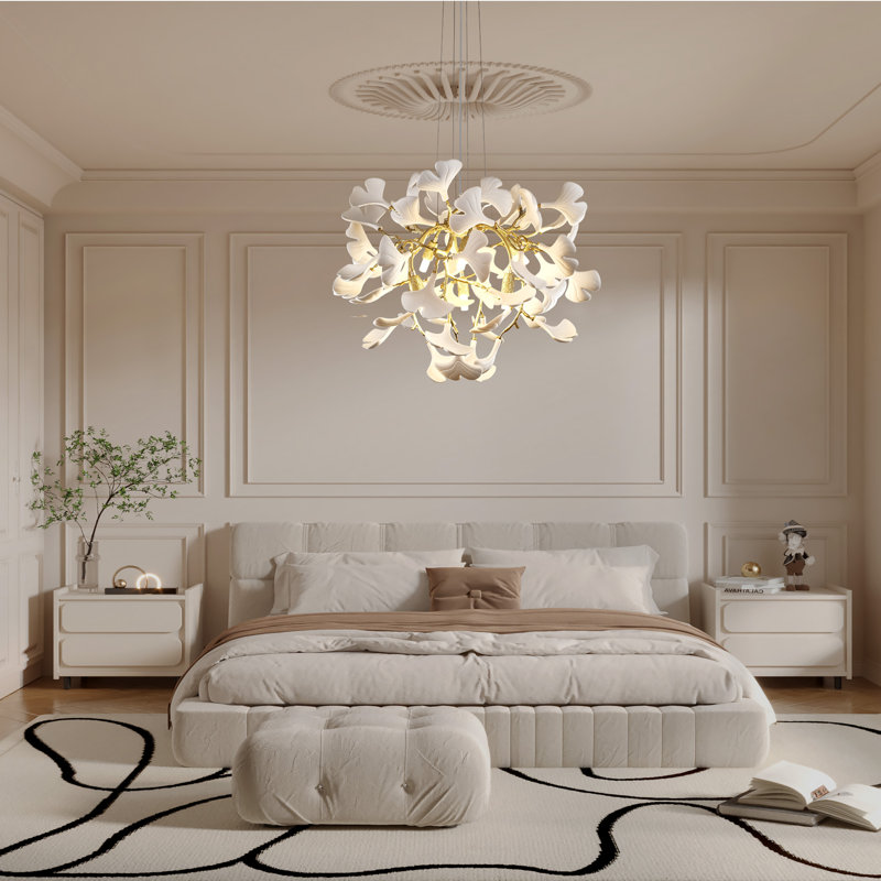 Luminaires suspendus ronds à 7 lumières en céramique dorée à motif ginkgo à 7 lumières 23,6 po, 23.6" W