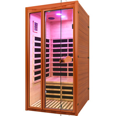 Sauna infrarouge lointain pour 2 personnes compatible avec haut-parleurs Bluetooth, sept couleurs et lampes de lecture (bois Okoume)