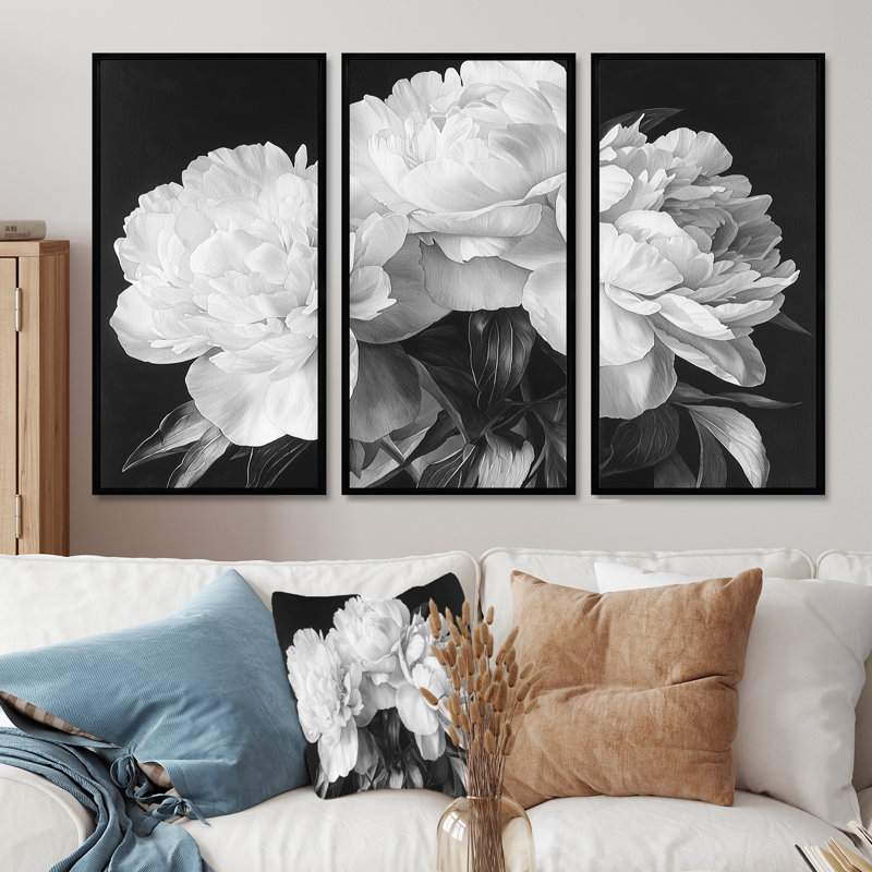 Pivoines en blanc et noir - Décoration murale pivoines - 3 pièces, H 32 po x l 48 po, Impression encadrée sans passe-partout