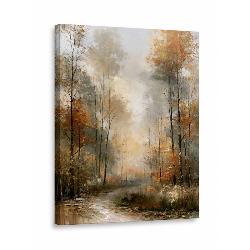 Tableau sur toile tendue « Chemin forestier brumeux doré », H 36 po x l 24 po x P 1,5 po