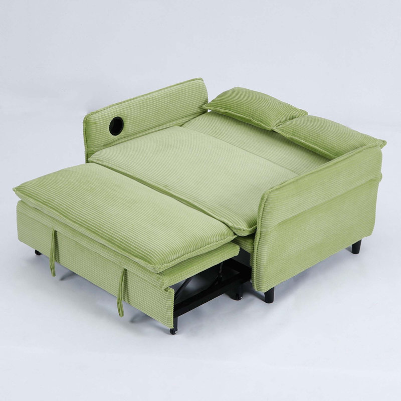 65.7" Corduroy Upholstered Pull-out Sofa With Cup Holder, Green