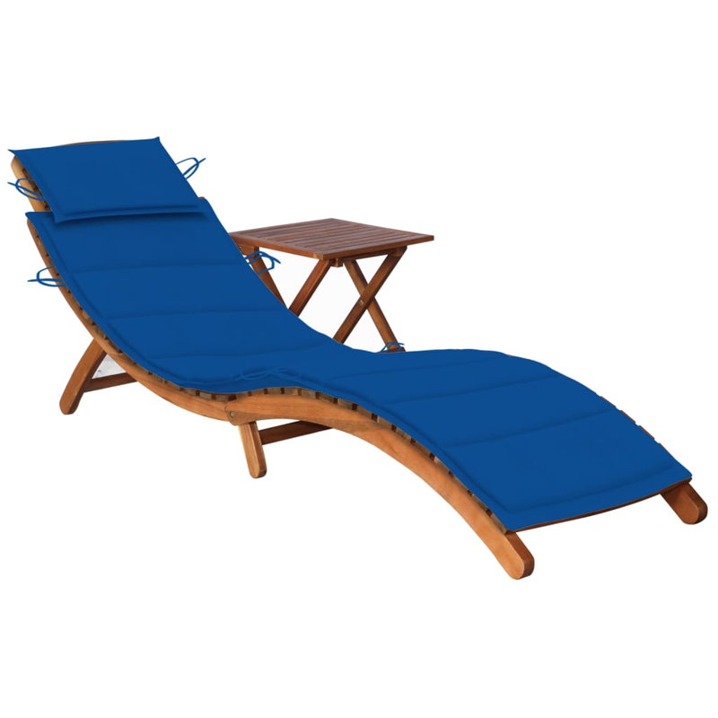 Onuh 16" Long Acacia Single chaise with Cushions and Table, Royal Blue