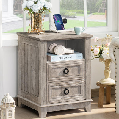 18" Farmhouse Night Stand with Charging Station, 2 Drawers End Table Dresser for Bedroom,Wooden Nightstand, Bed Side Table with Open Shelf, Bedside Cabinet for Living Room, Closet