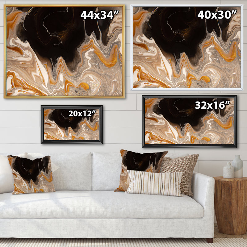 Vagues de marbre brun et noir - Peinture sur toile, H 30 po x l 40 po, Cadre flottant noir
