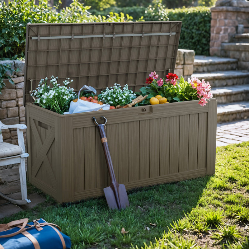 120 Gallon Outdoor Indoor Lockable Resin Deck Box, Tan