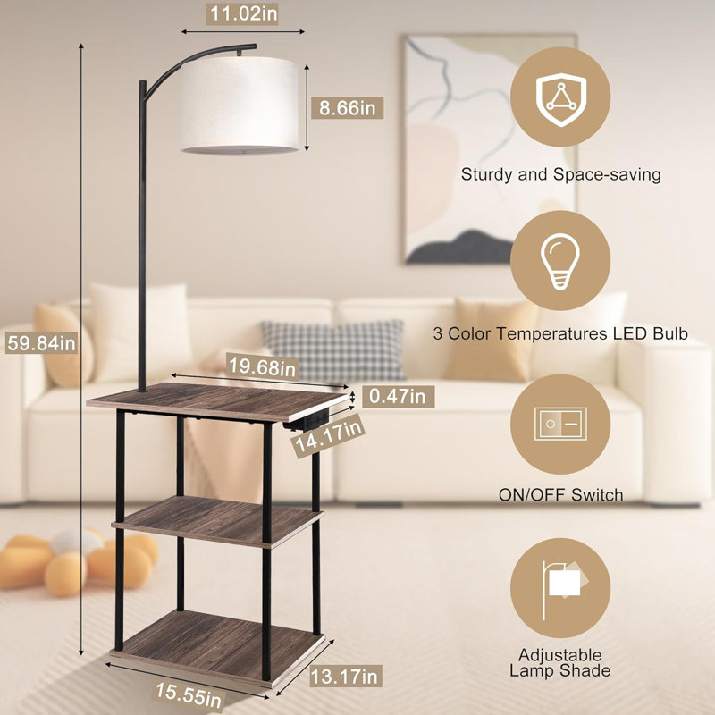 Floor Lamp With Side Table And Charging Station, 3-Way USB/Type-C/AC Outlets, 3 Color Temperature LED Bulb, Modern Shelves Nightstand For Bedroom, Living Room, Office