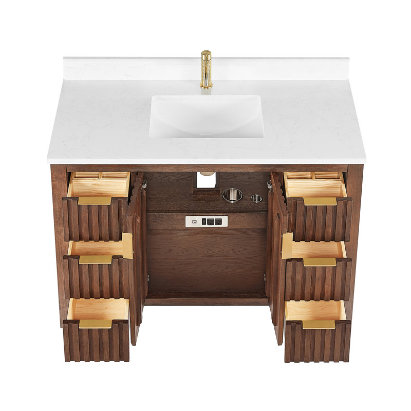 Shenzhen 48" Single Bath Vanity with White Grain Composite Stone Top, Aged Dark Brown Oak/ Brushed Gold