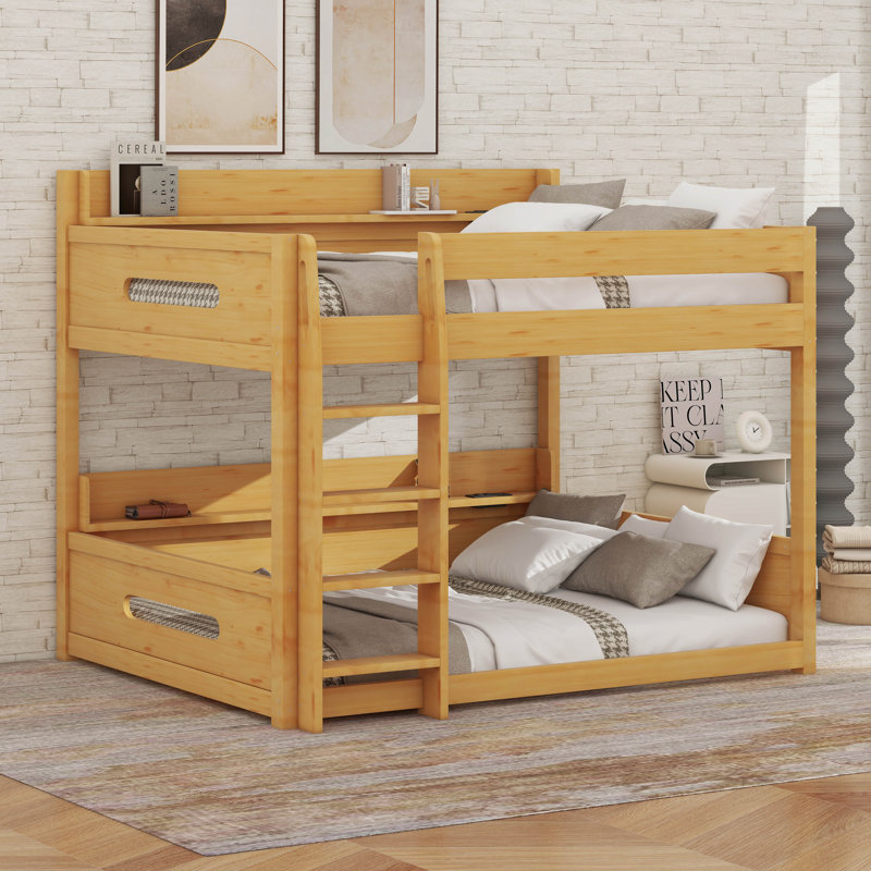 Queen Over Queen Bunk Bed With Storage Shelves And USB Ports, Wood