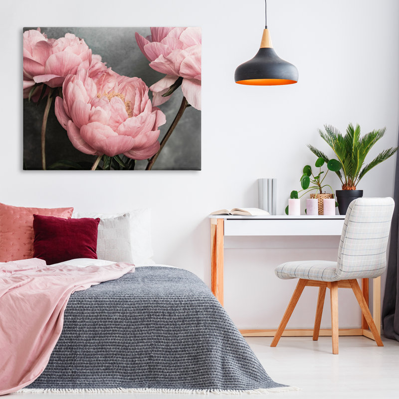 Art mural sur toile rose avec pivoines par Sissi et Seb, H 36 po x l 48 po
