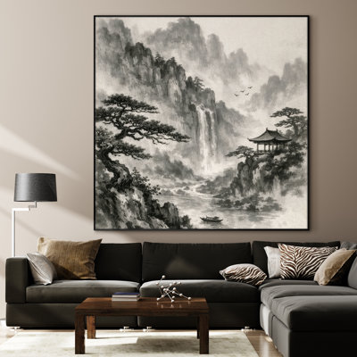 Extra Large Wall Art Fabric Print - Traditional Chinese Mountain Landscape with Waterfall and Pavilion Scenic View for Living Room or Office - "Frame Assembly Required (Unfinished Frame)"