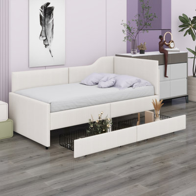 L-Shaped Corduroy Daybed,Upholstered Bed Frame With 2 Storage Drawers