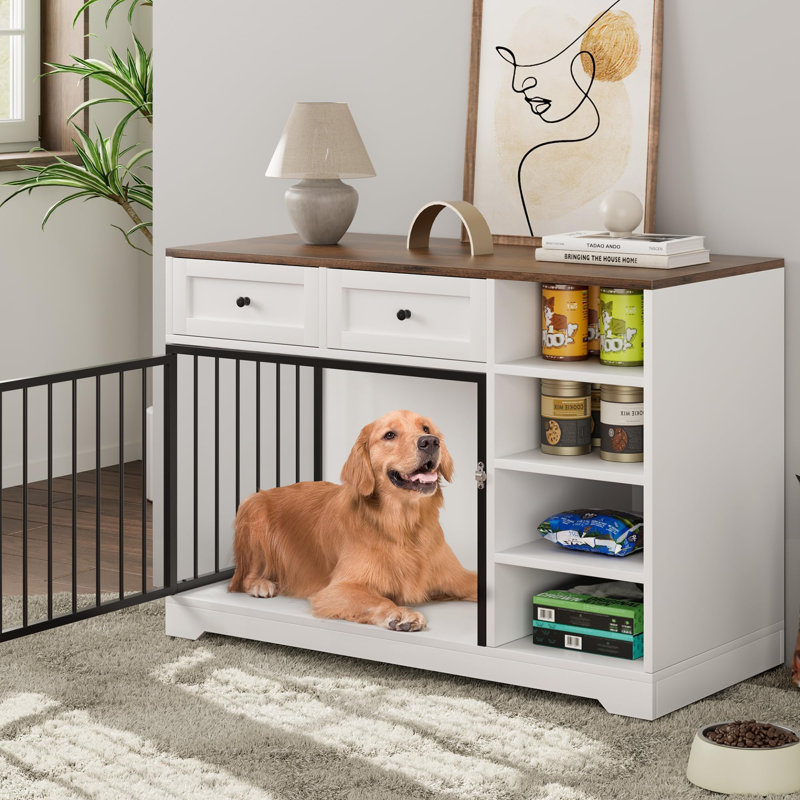 Meuble pour chien de 47 po, grande cage pour chien avec 2 tiroirs et 4 tablettes, cage pour chien robuste en bois