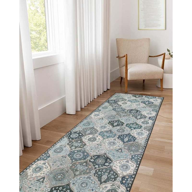 Moroccan Trellis Rug, Blue, Faux Wool, Machine Wash, Non-Slip Backing, Low Pile, Floral Pattern, Area Rug For Bedroom, Living Room, Bathroom