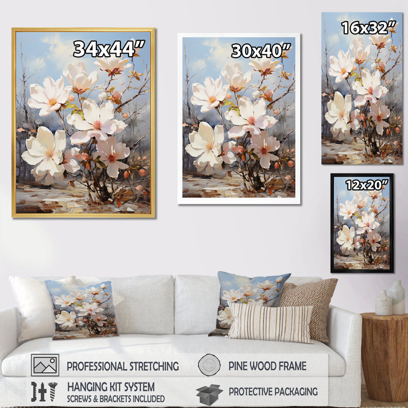 Perle de magnolia blanc dans un jardin ensoleillé sur toile, Cadre flottant noir, H 40 po x l 30 po x P 1,5 po