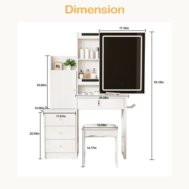 Vanity Desk Set With Sliding Lighted Mirror, Makeup Dressing Table With 4 Drawers & 9 Storage Spaces, Hidden Compartments And Cushioned Stool,Beauty Furniture For Bedroom