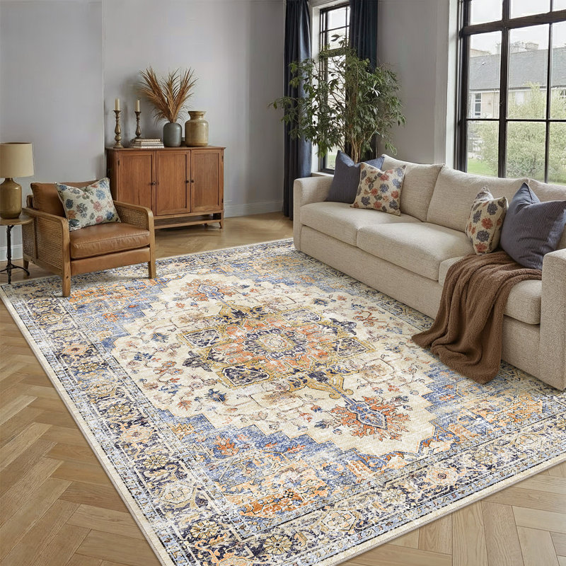 Tapis vintage lavable Elaine pour salon avec envers antidérapant, Rectangulaire 8 pi x 10 pi