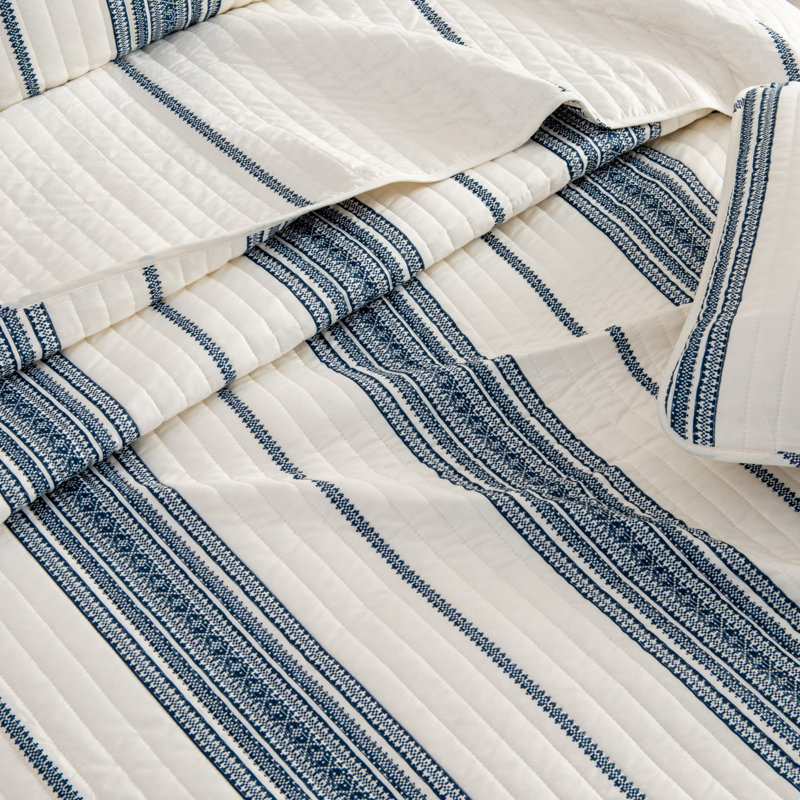 Twin White and Navy Striped Microfiber Reversible Quilt Set