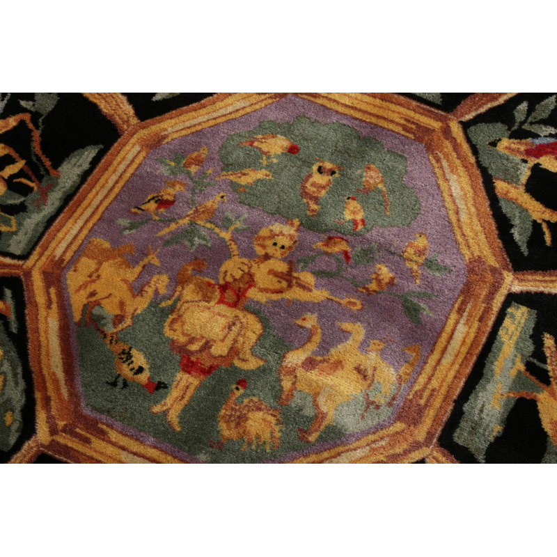 Wool Oriental Area Rug in Black, Gold, Green, Purple
