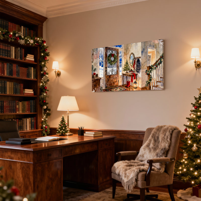 Entrée de Noël de Noël avec couronne et arbre, ensemble de 3 impressions murales sur toile, H 16 po x l 24 po