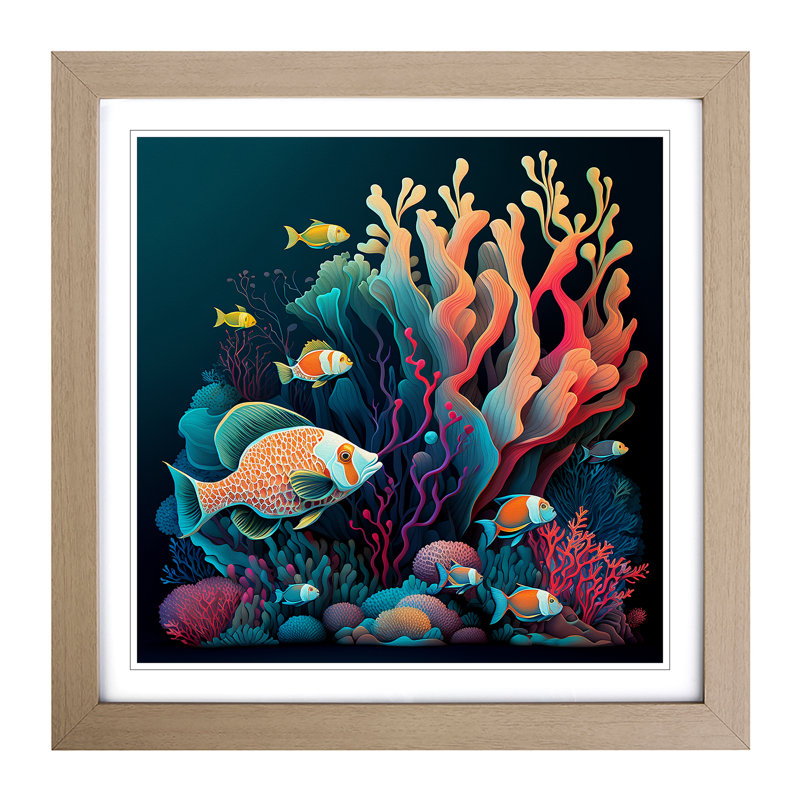 Coral Reef Neo-Traditional - Single Picture Frame Print on Wood, Oak