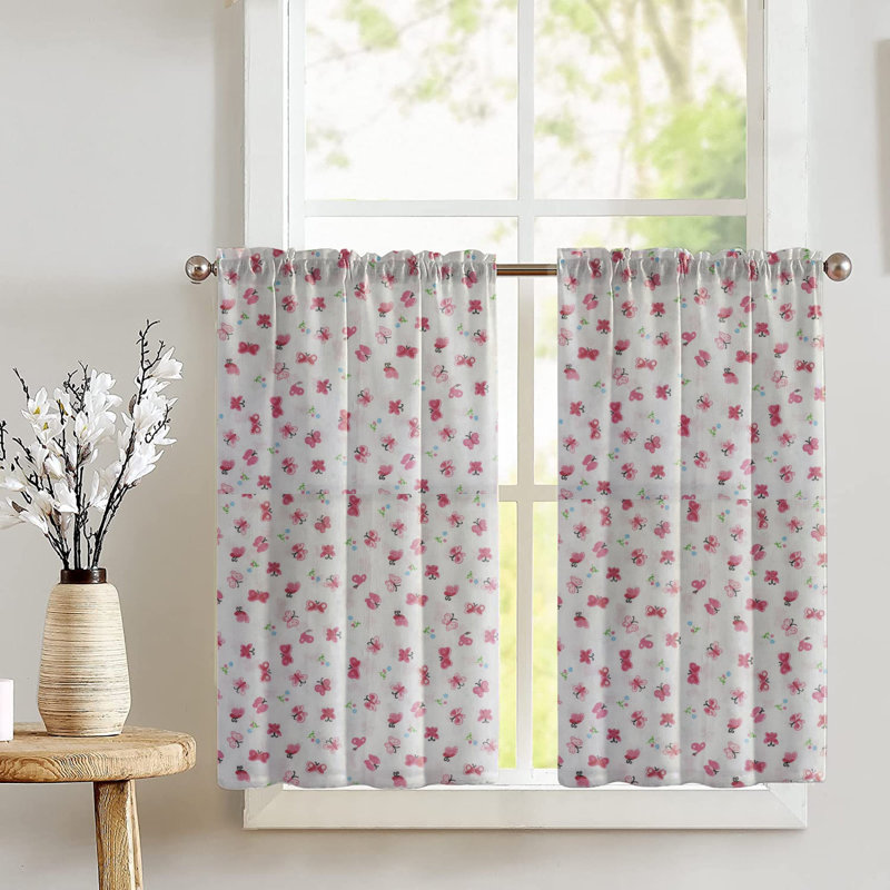 Rideau de café floral sur mesure en mélange de coton l 27 po, Rose