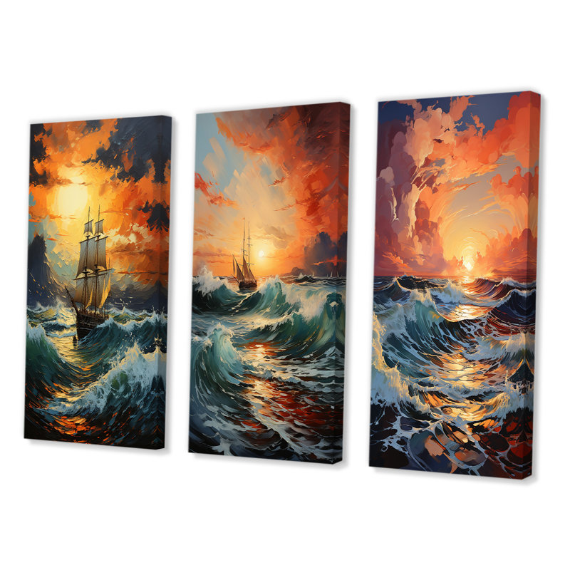 «Orange Teal Boat Energetic Storm», 3 pièces sur toile, Toile tendue, H 28 po x l 36 po