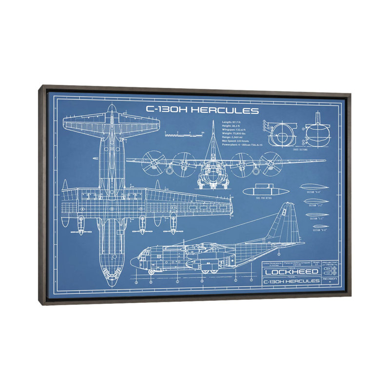 Blueprint d’avion C-130 Hercules-impression de dessin, Pas de tapis, H 40 po x l 60 po x 1,5 po
