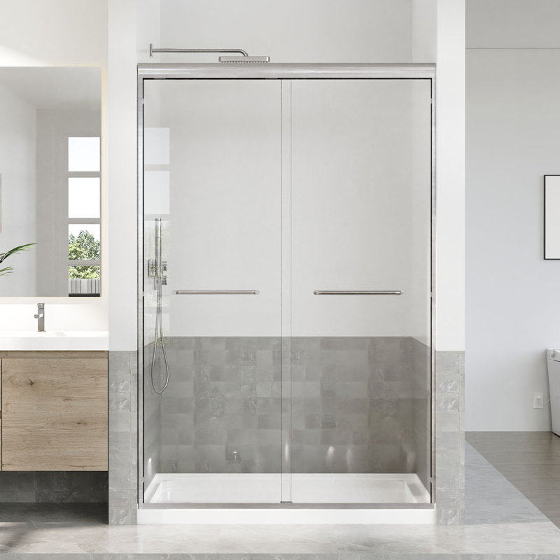 45 To 48 In. W X 72 In. H Semi Frameless Double Sliding Shower Door With 5/16 In. Tempered Clear Glass, Brushed Nickel