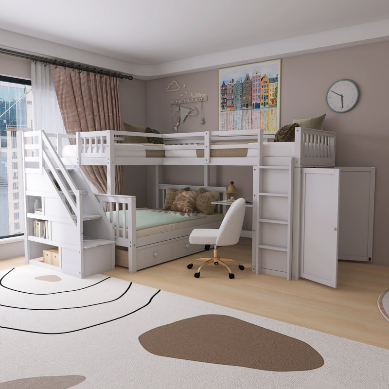 Lit superposé simple en L 118 po avec 3 tiroirs, bureau portable et garde-robe en bois massif 118 po, Blanc