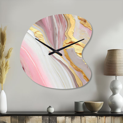Rose et or marbre abstrait III - horloge asymétrique en métal, impression de forme unique en métal rose