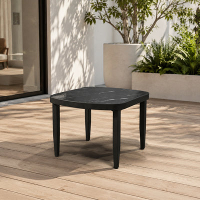 Table d'appoint d'extérieur moderne, plateau en pierre frittée imitation marbre noir, structure en aluminium, fini noir charbon, résistant aux intempéries