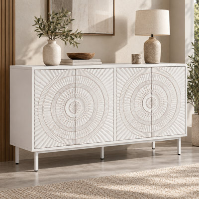 Buffet antique blanc avec portes Sunburst et tablettes fixes pour la cuisine et le salon
