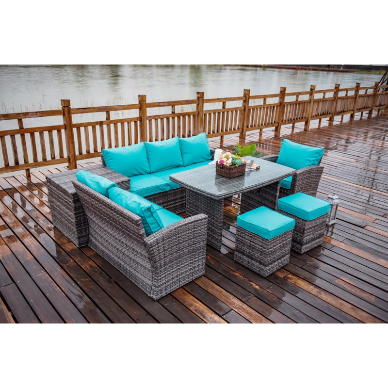Baecher Wicker 6-Person Outdoor Seating Group with Cushions, Gray Frame/Turquoise Cushion