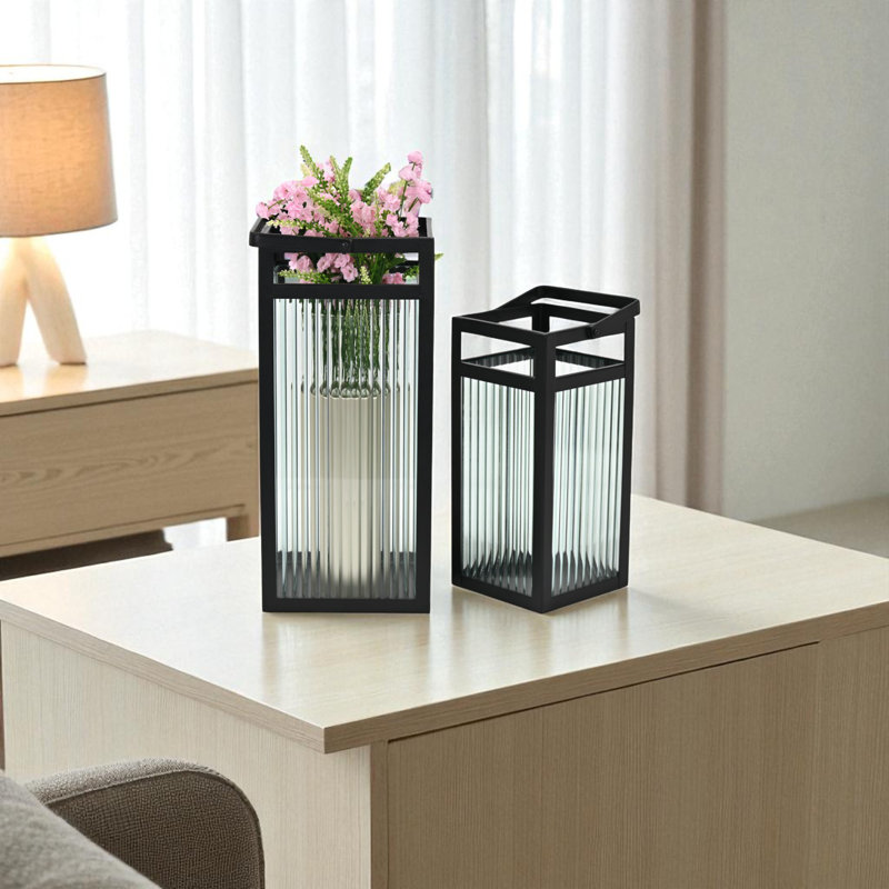 Drusilla Set Of 2 Indoor Fluted Glass Lanterns - 16" And 12.25", Black