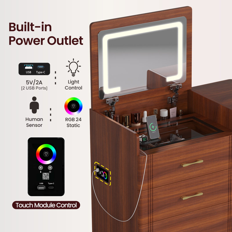 3-in-1 Dressing Table Set with Mirror & RGB Lights, Vanity Desk with Charging Station & Stool, Brown
