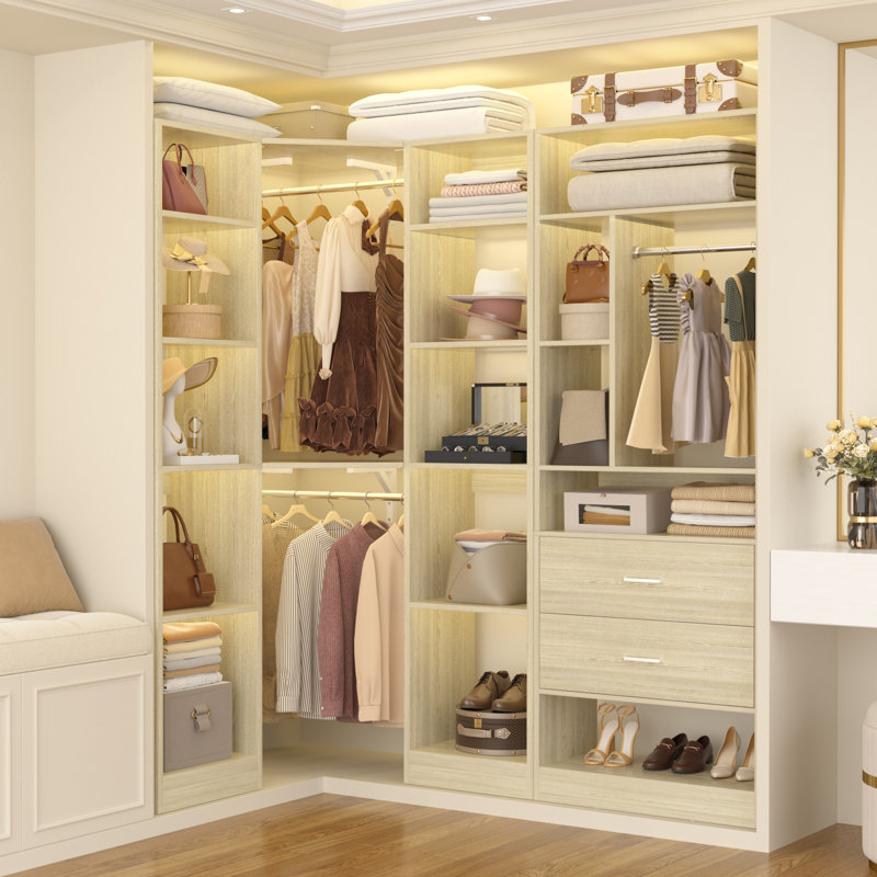 63.2" L X 39.2" W X 80" H Corner Closet System,Freestanding Closet Organizer System With 2 Drawers & 12 Shelves, Beige