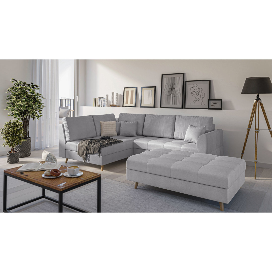 Ecksofa Naples mit Holzfüßen Im Skandinavischen Stil mit Hocker