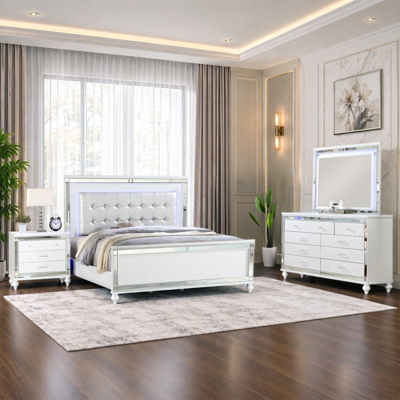 Denard Upholstered Standard 4 Piece Bedroom Set, White, Full/Double, 4 Pcs: Bed, Nightstand, Dresser, Mirror