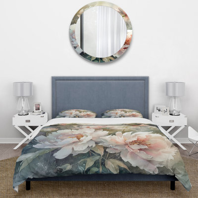 Pink Green Peonies On Branch II - Floral Duvet Cover Set - Microfiber Polyester