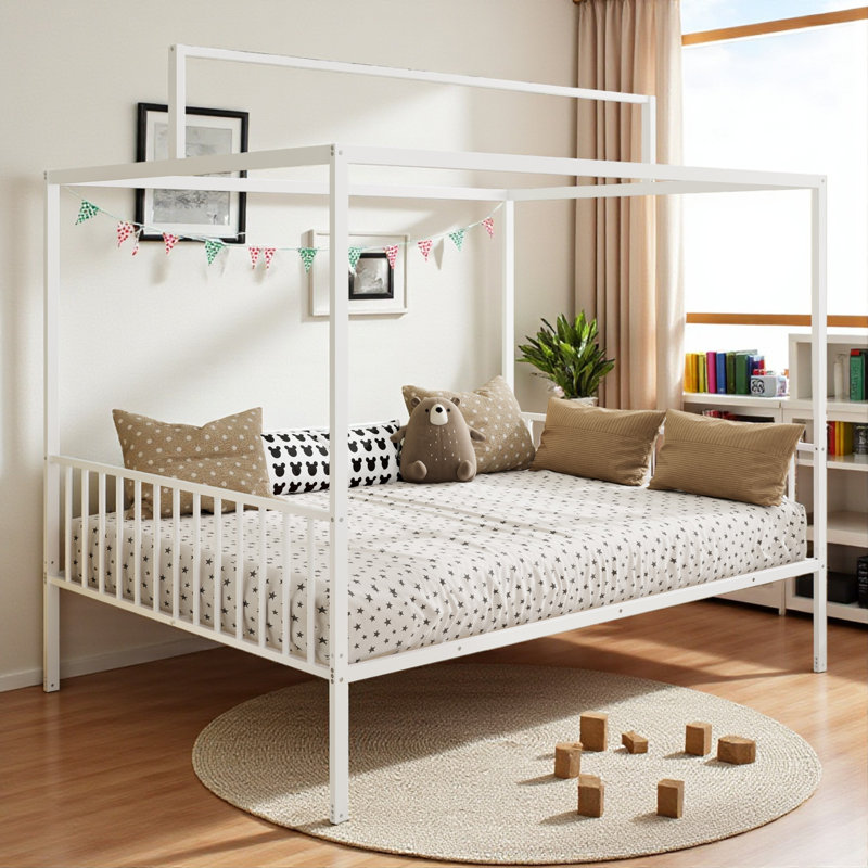 Metal Canopy Bed With Removable Fence, Full, White