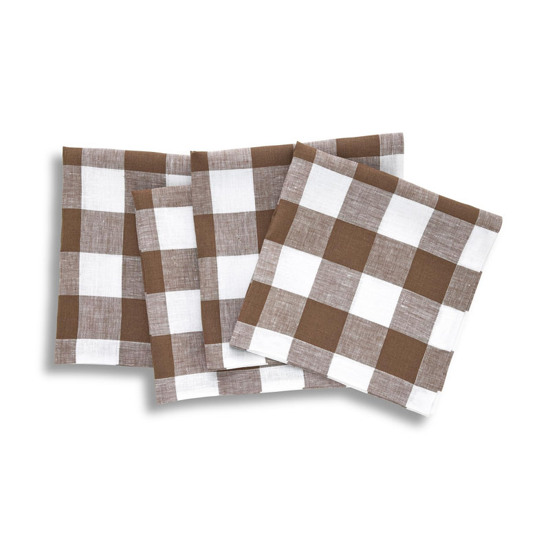 Buffalo Check - 100% Pure Linen Dinner Napkins, Coco Brown/White