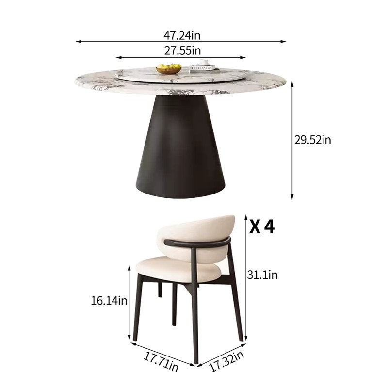 Retro Modern Microlite Round Dining Table Set, 5 Pieces: Table, 4 Chairs, 29.52"H x 47.24"L x 47.24"W