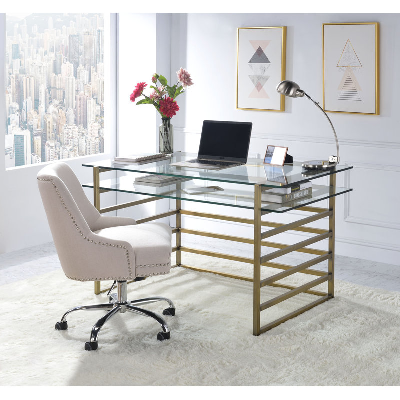 Bureau Shona avec plateau en verre transparent et finition or antique