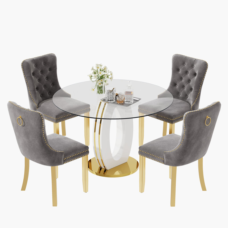 Ensemble de table de salle à manger haute brillance ronde avec 4 chaises de salle à manger en velours, Gris, Blanc / Doré