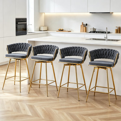 Chaise pivotante quatre pièces, assise douce en coton et en lin noirs, pieds en métal doré, résistant à la rouille et à l'usure, convient aux tables hautes dans les restaurants / bars
