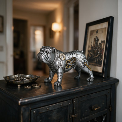 Steampunk Dog Statue Resin Figurine, Mechanical Hound Decor with Gears and Antique Finish, Desk Office Shelf Ornament, 5.9 Inch