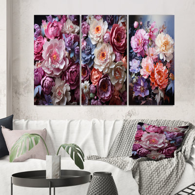 «Asian Art Peonyes in Pink», 3 pièces sur toile